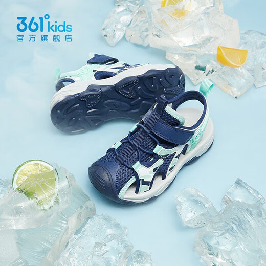 361 Children's toe-cap sandals 2026 summer new style breathable non-slip beach sandals for boys and girls, medium and large children's sports shoes dark blue/meditation green/361 degrees white 36