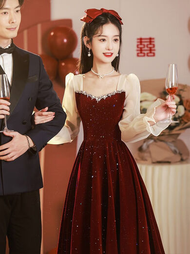 Flashing girl toast dress bride petite burgundy can usually wear gauze sleeves engagement dress out of the pavilion banquet home dress for women burgundy long sleeves long style M