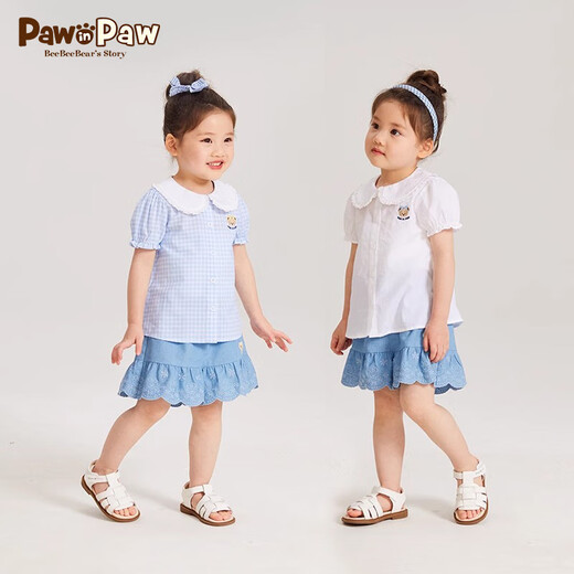 PawinPaw cartoon bear children's clothing summer girls lapel fashionable sweet short-sleeved shirt Blue blue/50 90