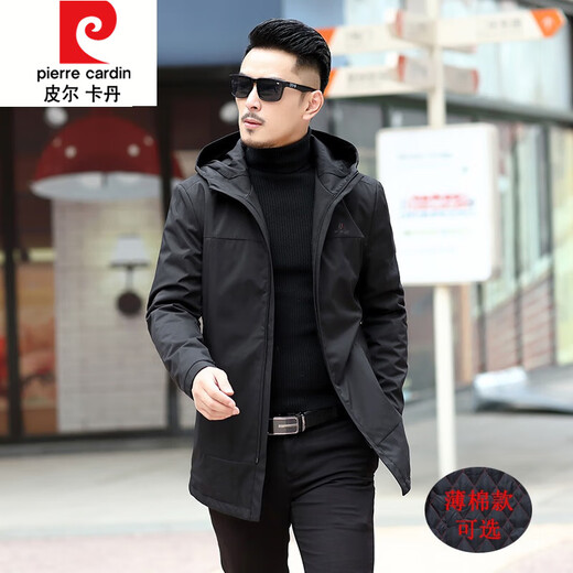 Pierre cardin windbreaker men's mid-length hooded casual 2023 spring and autumn new cotton jacket winter top trend 9908 black spring and autumn style 170 M