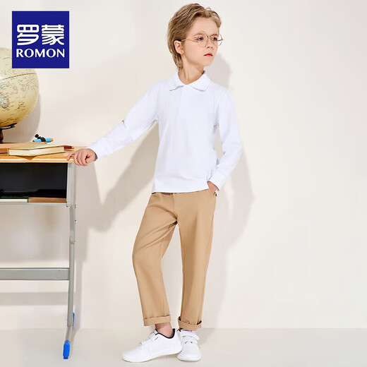 Luo Meng children's velvet polo shirt for boys and girls white T-shirt winter long-sleeved campus wear white velvet 140