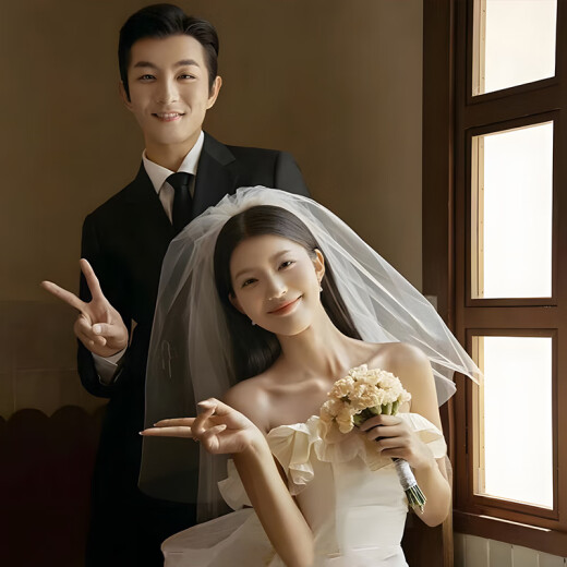 酷依宝七夕白色头纱头饰拍照道具新娘订婚求婚主婚纱领证登记结婚礼小轻