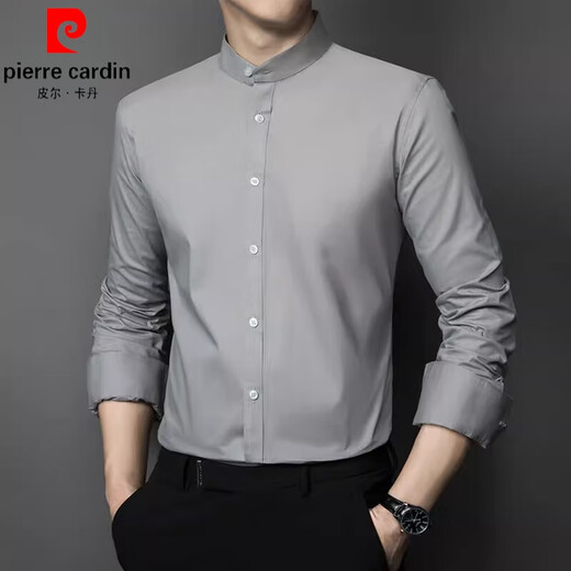 皮尔卡丹（pierre cardin）新中式立领衬衫男士长袖2025春秋季商务正装免烫职业白衬衣中针织 6629 黑色 M 【90-110斤】