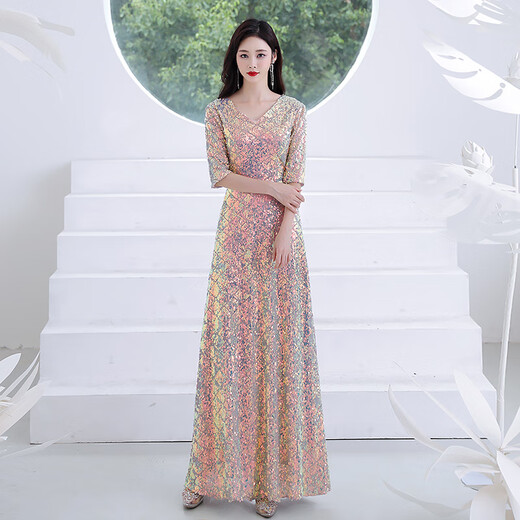 Mermaid shiny long dress, conducting piano performance, hosting evening wear, annual meeting, catwalk, art test, chorus, high-end long dress, color L