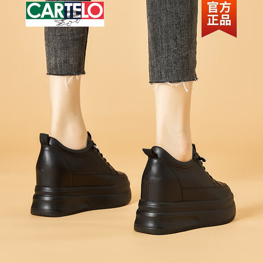 卡帝乐鳄鱼（CARTELO）黑色内增高女鞋2025新款小个子松糕鞋真皮轻便厚底百搭小黑鞋 全黑9CM【677】 37