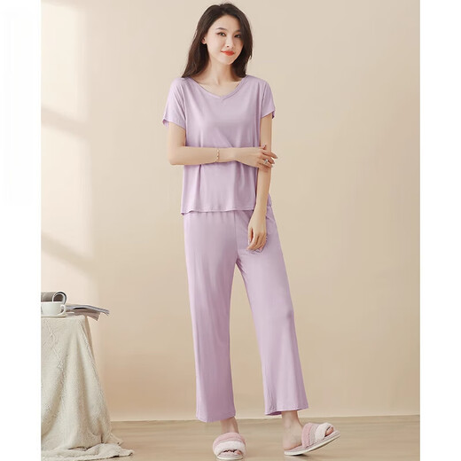 Pijama modal para mujeres en verano estilo delgado modal de manga corta con almohadillas en el pecho pantalones de nueve puntos para ropa para aire al aire libre juego de ropa para el hogar seda fría sensación 841 púrpura (con almohadillas en el pecho) l