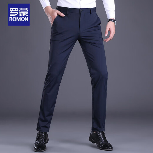 ROMON Casual Pants Men's Summer Business Pants Men's Straight Slim Formal Slightly Elastic Men's Pants Blue 30
