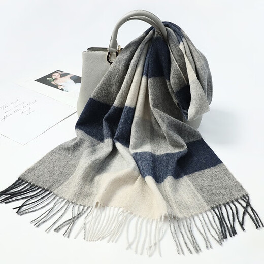 The Da Vinci Code pure wool scarf for men in autumn and winter new high-end versatile warm scarf as a birthday gift for boyfriend and husband 5# large grid gray blue and white