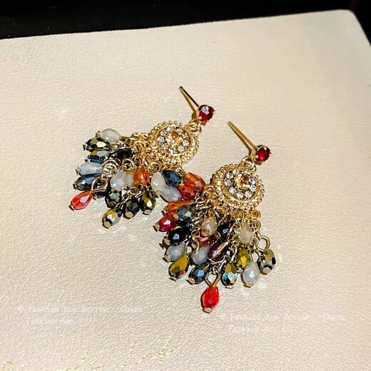 Jianla Super Fairy Colored Crystal Tassel Earrings Retro Exaggerated Ethnic Style Niche Design Bohemian Earrings for Women Colorful Heavy Industry Tassel Earrings A07-204