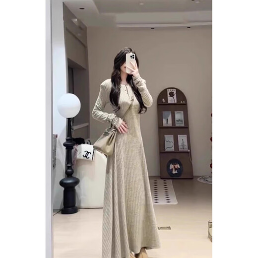 Hao'e's gentle, lazy, high-end knitted dress, spring and autumn temperament long skirt, slim waist and slimming long skirt, oatmeal color M