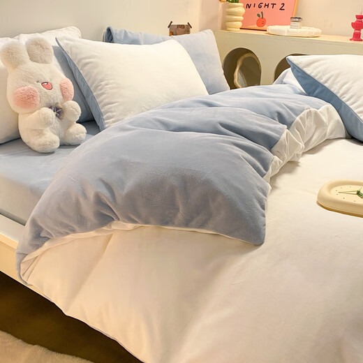 Red bean milk velvet quilt cover 150x200cm single piece winter thickened warm double quilt cover coral velvet bed four-piece set milk white + baby blue double-sided warm velvet thermal storage and warmth single quilt cover-200x230cm