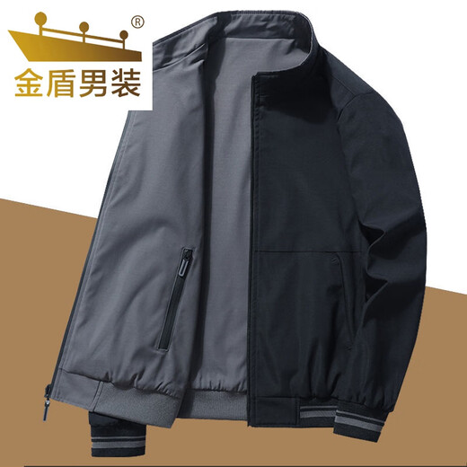 Gold Shield Reversible Jacket Men's 2024 Spring and Autumn New Loose Casual Dad Top Stand Collar Jacket Men's Middle-aged Tops Mist Blue - Double Sided + Thickened L Recommended 110-130 Jin Jin equals 0.5 kg