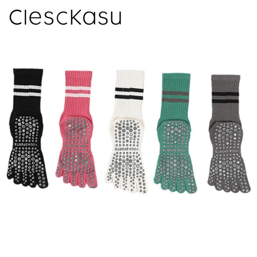 ClescKasu two-bar yoga socks dotted toe socks non-slip five-toe socks women's sports striped mid-calf Pilates socks cotton green one size