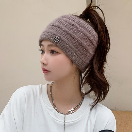 Shuangxi winter high ponytail hat with open top headband for women, autumn warm Japanese knitted wool, Korean version, versatile, black, elastic (54-60cm)