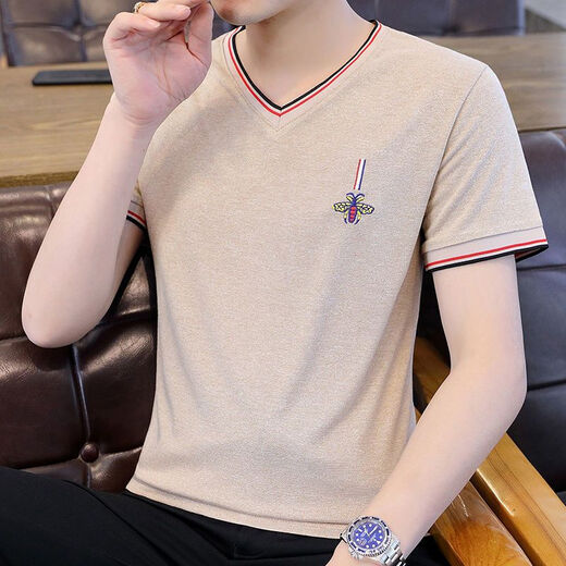 Hailan selected short-sleeved T-shirt men's summer tops for men's half-sleeved T-shirt trendy slim fit new trendy brand 826-dark gray v. collar M Recommended 80-100Jin [Jin equals 0.5 kg]
