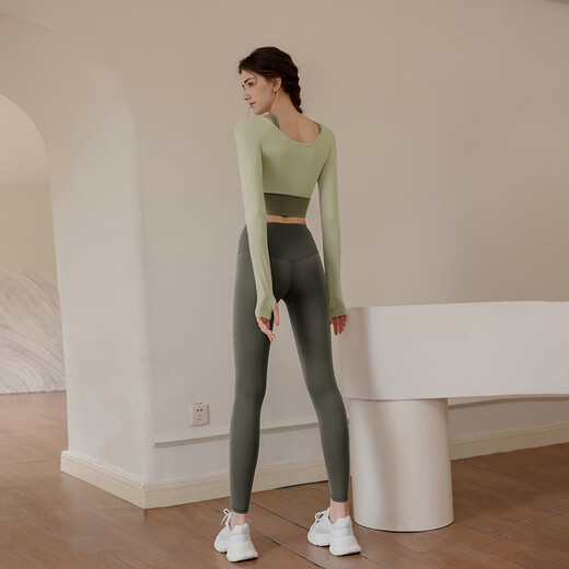 Kong Yu Yoga Wear Women's Suit Pilates Training Wear Top with Breast Pad Spring and Summer New Sports Fitness Wear Long Sleeve Green Top + Green Pants L