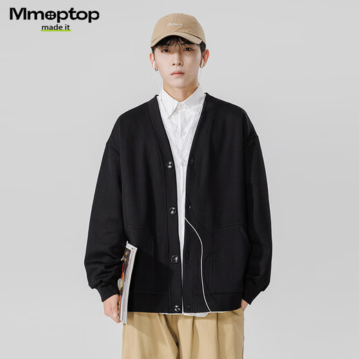 MMOPTOP Japanese solid color sweater long-sleeved men's autumn and winter retro loose V-neck cardigan MT2350 black 2XL