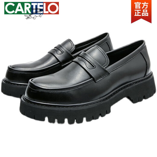 
CARTELO Loafers men's thick sole heightened British style round-toe casual leather shoes business formal wear big head men's shoes trend 698 soft leather black 39