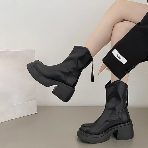 Dans les bottes à talons épais miroises et épaisses pour les petites bottes Martin de printemps pour femmes nouvelles bottes simples bottes Chelsea Boots fines françaises noir 38