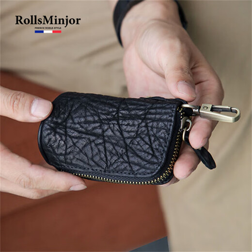 劳斯名爵（RollsMinjor）英国品牌真皮男士小汽车钥匙包头层牛皮多功能零钱迷你锁匙收纳袋 黑色 6*5*10CM