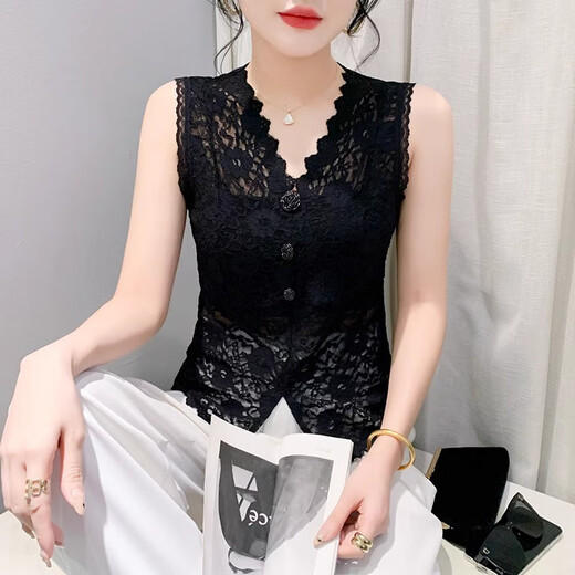 Chaleco de encaje de cuello en V yanxun huecos para mujeres en diseño de verano, el exterior y el interior sin mangas, la camisa delgada y delgada, l Black L