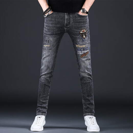Ke Jiehao embroidered jeans 2024 spring and autumn new small foot slim casual pants Hong Kong high-end elastic gray trendy brand men's pants OD-A675 regular 30 [2 feet 3]120-129Jin [Jin equals 0.5 kg]