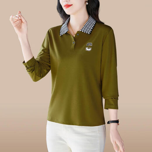 
Shengyu Spring Women's Long Sleeve Lapel T-shirt 2025 New Spring and Autumn Middle-aged Trendy Mom Loose Fashion Casual Base Top Olive Green 6636 XL (Suggested 106-115Jin [Jin equals 0.5 kg])