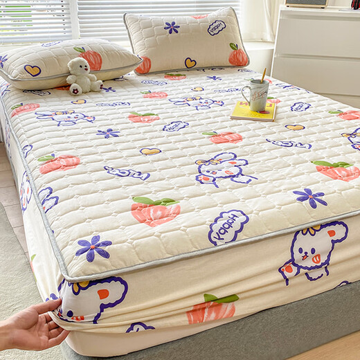 A-Fontane (A-Fontane) Class A pure cotton quilted fitted sheet single-piece mattress protector soft cushion mattress household thickened cotton non-slip fitted sheet cover 3 Peach Rabbit Xinjiang long-staple cotton fabric safe to sleep naked three-piece fitted sheet set 180x200cm + two pillowcases
