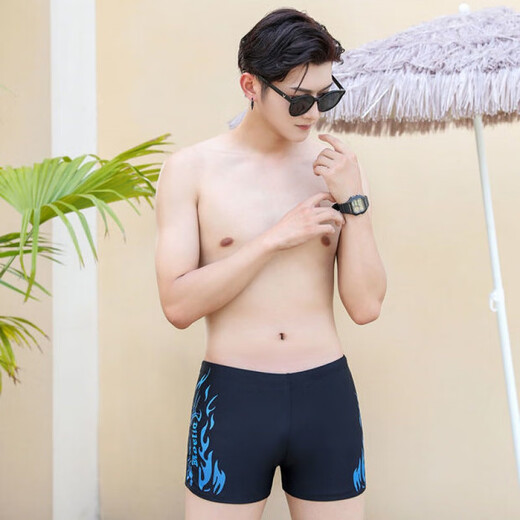 Yusenyi men's swimsuit, men's adult swimming trunks, children's boys, middle-aged and older students' sports quick-drying double-layer anti-embarrassment blue flame + cloth swimming cap + swimming goggles + nose clip earplugs one size fits all size l70-90 Jin Jin equals 0.5 kg