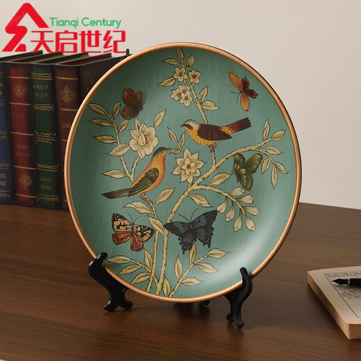 Adornos oficiales de placa de cerámica de ventas directas Tira American Country Ceramic Plate decorativo para ver la muestra de sala de estar 1047 Blue Warbler Blossom + Stand