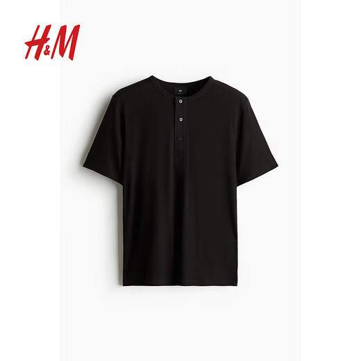 H/M Men's Women's T-shirt 2025 Summer New Henry Collar Straight Shoulder Rib Comfort Short Sleeve Top 1260008 Cream 2XL 180/124