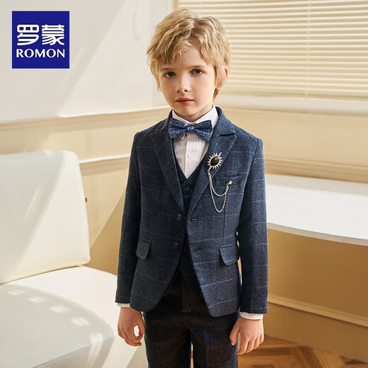 罗蒙儿童西装套装男童主持人花童礼服演出服 蓝线格五件套 130