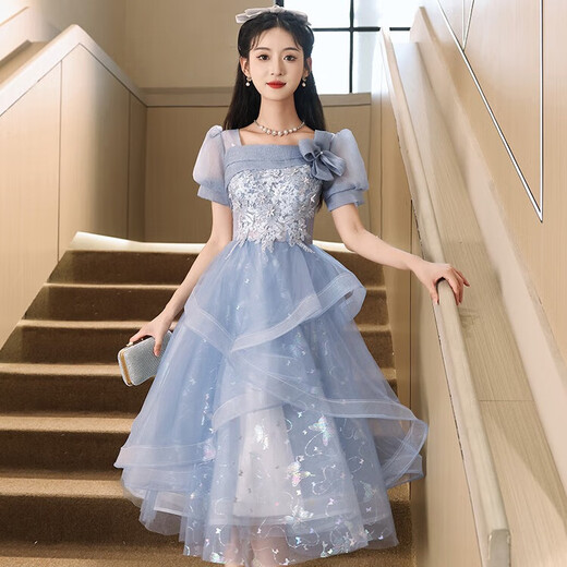 Li Baixin blue evening dress 2025 new banquet high-end French student art exam niche host tutu skirt for women blue mid-length M recommended 90-100Jin Jin equals 0.5 kg