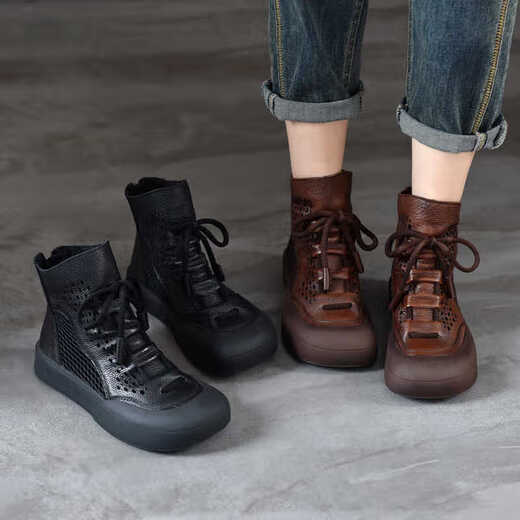 Woodpecker Martin Boots Women's Summer New Retro Leather Thin Breathable Thick Sole Casual Sandal Boots Women's Brown 35