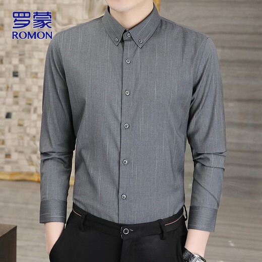 ROMON long-sleeved shirt men's spring and autumn business shirt men's casual slim base shirt jacket gray 2XL