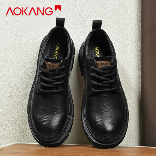 Aokang casual leather shoes men's British business big toe shoes 2025 summer new low top Martin boots men's black thick sole shoes black 41