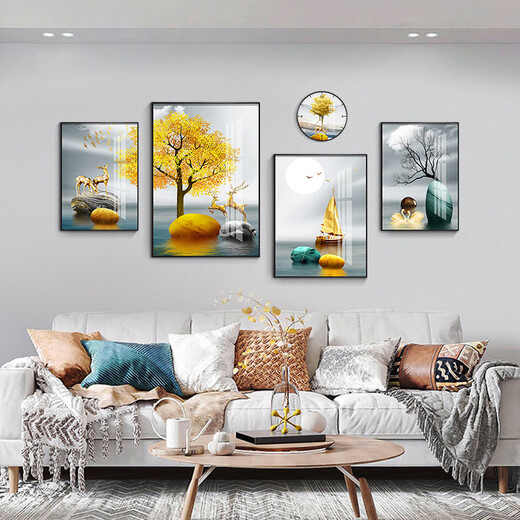 
Mohu living room decoration painting sofa background wall new mural modern simple TV background atmospheric abstract four-pair hanging painting Jinlu Nafu 15940 (including wall clock) tempered crystal porcelain combination-sturdy durable black frame