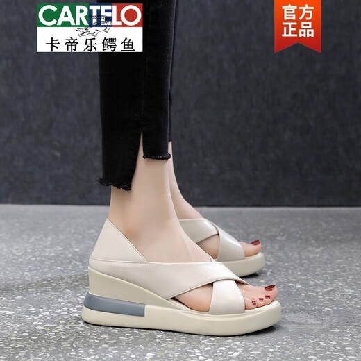 CARTELO brand trendy leather thick-soled heeled sandals for women 2025 summer new soft leather fish mouth shoes casual sponge cake mother shoes off white 35