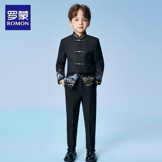 罗蒙男童中山装西装套装国风新中式西服民国儿童主持人演出服 黑色140