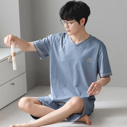 Langsha men's pajamas ice silk modal touch can be worn outside summer V-neck simple casual home clothing set 3518 L