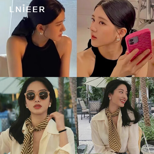 Lnieer wears Zhao Lusi's same style double-beaded Shijia pearl earrings before and after, women's French light luxury 925 silver needle earrings, Shijia milk white 925 silver needle 8/16mm