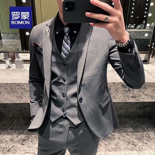 Romon suit men's best groom and groom business casual slim suit jacket four-piece suit men's clothing dark gray (suit vest trousers) button XL