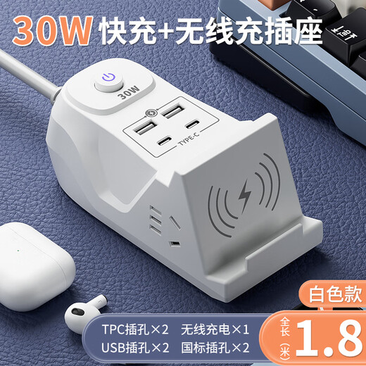 Sushi Helmo 30W Super Fast Charging + Wireless Charging Desktop Multi-Function Socket/Patch Board/Terminal Board/Pull Line Board | USB+Type-C 2-Position 1.8 Meter Flat Head Plug Strip
