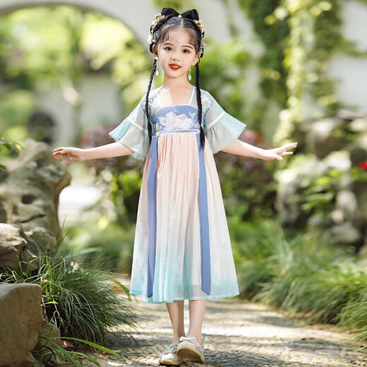 
Aibaoshi children's Hanfu girls summer costume short-sleeved dress girls children's day gift Chinese style performance suit S689 Qingshan Dai 150 cm [suggested height 146-155 cm]