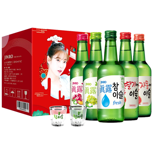 真露（JINRO）烧酒 360ml*5瓶+酒杯*2 13度 果味混合装 韩国进口 礼盒装