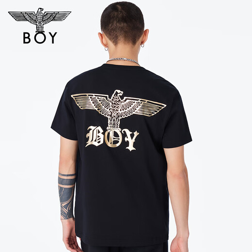 BOY LONDON春男女同款短袖仿烫金环形印花老鹰潮牌T恤N01903 黑色 L