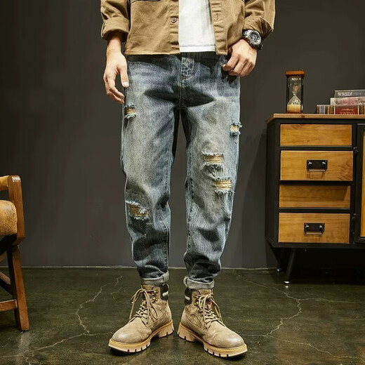 Yirancheng a déchiré un jean pour hommes et l'été minces minces et polyvalents American Retro Washing Pussy Handsome Harlan Pantalon neuf points Pantalon Men's Retro Blue 30 [Recommandé 110-120 Jin [Jin est égal à 0,5 kg]]]