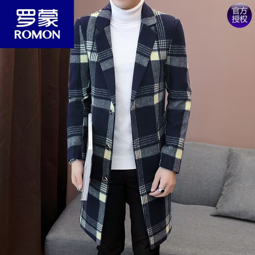 ROMON 2026 new autumn and winter mid-length windbreaker men's Korean style casual coat plus velvet and thickened plaid woolen coat 803 gray 2XL