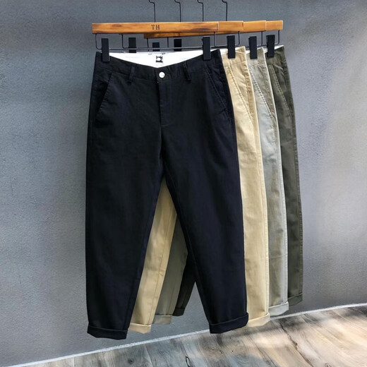 休闲裤男宽松直筒工装裤九分裤工作外穿棉布长裤复古简约韩版 绿色 L