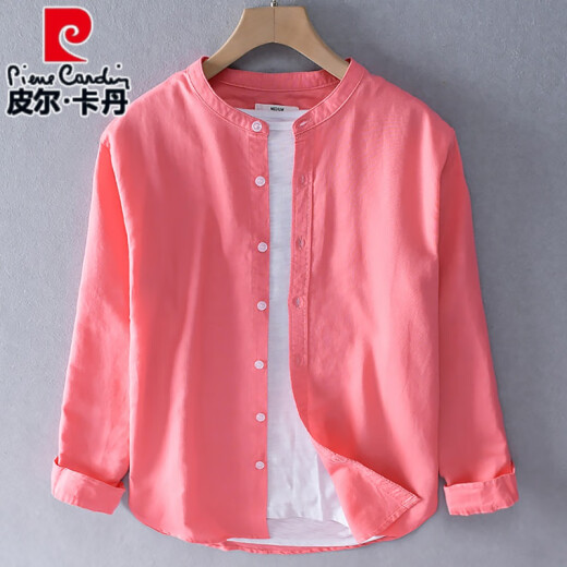 皮尔卡丹（pierre cardin）春夏季小立领亚麻衬衫男装长袖无领衬衣休闲圆领棉麻布上衣服外套 9207军绿色 M